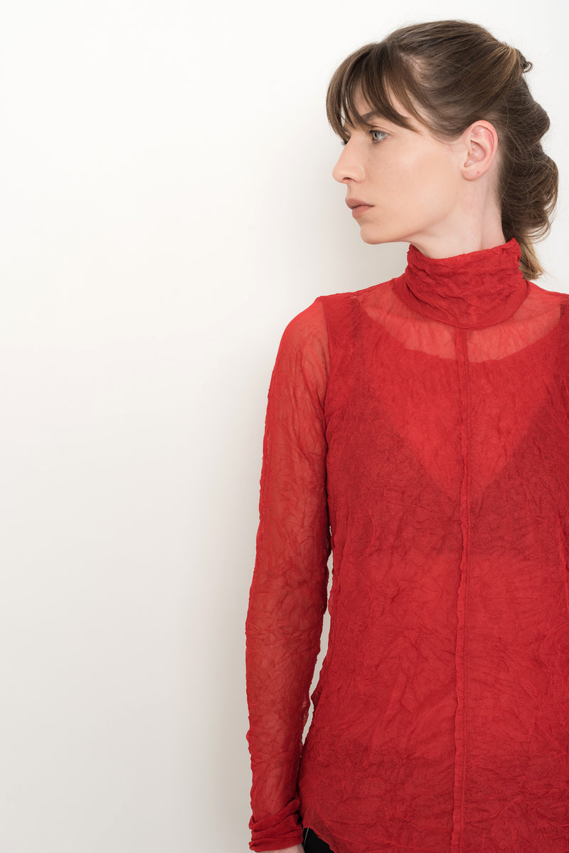 Turtle Neck Crinkled Tulle Top | Coral